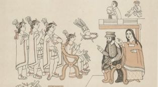 Drawing of Cortes meeting Montezuma II