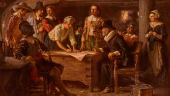 Painting of men signing the Mayflower Compact