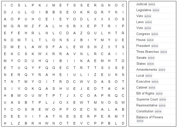 Word Search US Government Printable Version