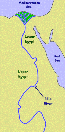 Map of the Nile River showing Lower and Upper Egypt
