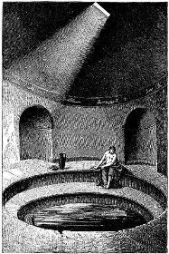 Drawing of person sitting at side of cold pool in the frigidarium