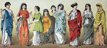 Colorful drawing of Roman women