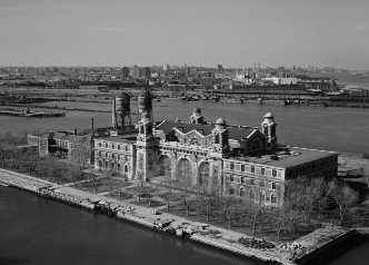 Early black and white photo of Ellis Island