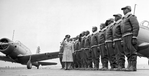 Tuskegee Airmen standing at attention