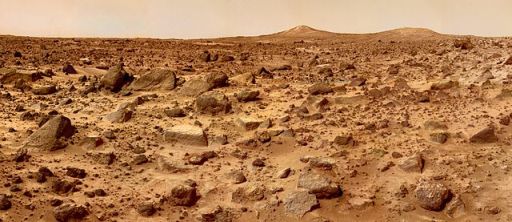 Red and rocky surface of Mars taken from the Pathfinder